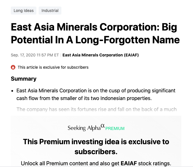 East Asia Minerals Corp - Big Potential in a Long Forgotten Name
