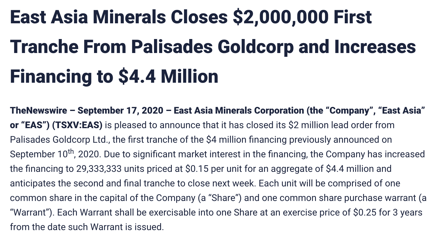Palisade Gold Corp - Investee Closes $2 million tranche - Sept 2020